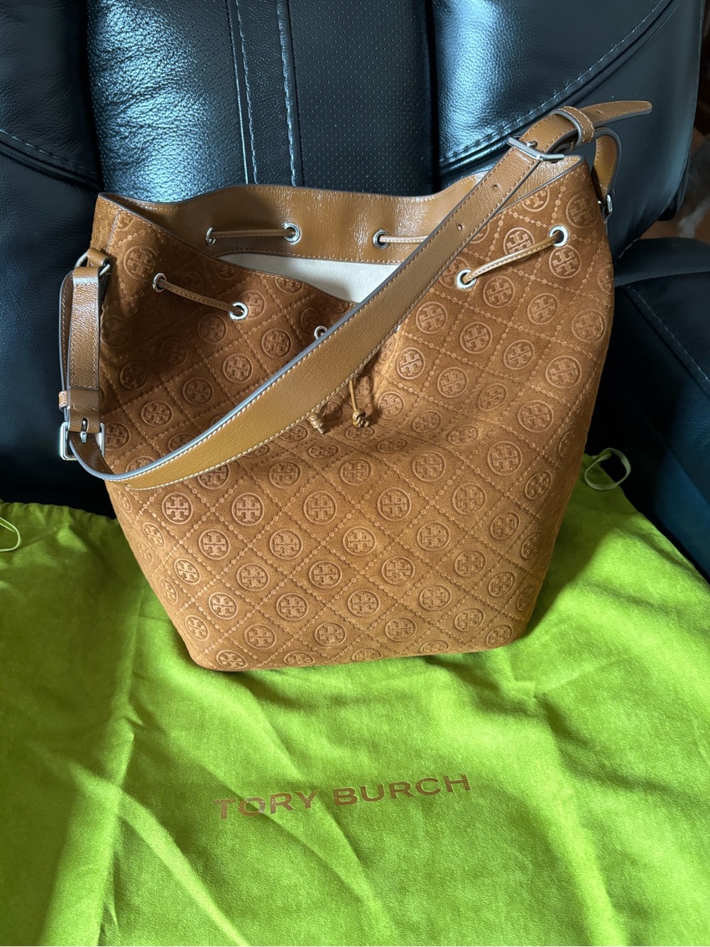 Tory Burch Cognac Suede Embossed Bucket Shoulder Bag